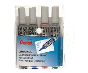 Pentel Maxiflo MWL6 - Estuche de 4 rotuladores para pizarra blanca (punta biselada, trazo grueso), color negro, azul, rojo y verde