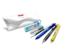 Pentel Pack con 6 piezas: 1 rodillo de gel retráctil azul, 1 recarga azul, 1 resaltador retráctil amarillo, 1 portaminas, 1 estuche de 12 minas HB, 1 duo goma-cinta corrector