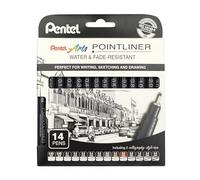 Pentel Pointliner Pigment Liner - Bolígrafo de punta fina para dibujo técnico S20P, 0,03 mm a 3,0 mm, tinta negra, sepia, sangría y gris, paquete de 14