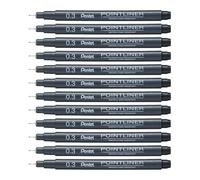 Pentel Pointliner S20P-3A, rotulador de punta fina, negro, resistente al agua y a la luz, 0,3 mm, 12 unidades