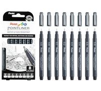 Pentel Pointliner YS20P-8, juego de 8 rotuladores de punta fina, color negro, resistentes al agua y a la luz, 0,03-0,8 mm