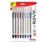 Pentel RSVP - Bolígrafo original (0.7 mm), línea fina, colores de tinta surtidos, barril transparente, paquete de 8 con bolígrafo de tinta negra adicional