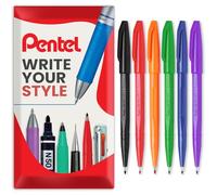 Pentel S520 - Rotulador de punta fina de fibra original, punta de 2 mm, línea de 1 mm, paquete de 6 en caja de regalo (fundación)