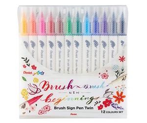 Pentel SESW30C-12 Brush Sign Pen Twin, 12 colores, rotuladores con dos puntas flexibles, tinta a base de agua, surtidos