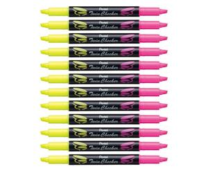 Pentel SLW8-GP - 12 Rotuladores fluorescentes de dos puntas, color amarillo y rosa