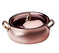 Pentole Agnelli ALCU108C24 Cacerola baja redondeada con dos asas y tapa de latón, cobre liso estañado a mano, 24 cm