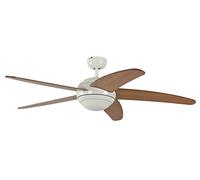 Pepeo Ventilador de techo con luz y mando a distancia Melton, carcasa de laca blanca, aspas en miel-arce, 132 cm