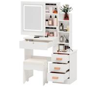 Pequeño escritorio de maquillaje con espejo y luces, tocador blanco con espejo iluminado, mesa de tocador de maquillaje con 4 cajones y estantes de apertura, tocador para dormitorio, color blanco
