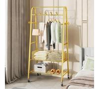 Percha de ropa metálica robusta y con ruedas, con estantes y ganchos. Estante para ropa resistente y con ruedas, ideal para abrigos y conjuntos, color dorado, 60 cm (23,6 pulgadas)