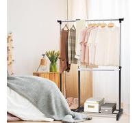 Percha extensible para ropa, perchero de ropa con altura ajustable, barra para ropa con 2 estantes, color