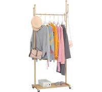 Percha metálica 3 en 1 con estantes y ganchos, perchera portátil y con ruedas, perchera independiente para dormitorio y entrada, solución de almacenamiento que ahorra espacio (dorado)
