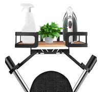 Percha para tabla de planchar, soporte de pared de metal, para lavandería, plancha y tabla de planchar con gran espacio de almacenamiento, cesta de base de madera y ganchos extraíbles (forma T & V