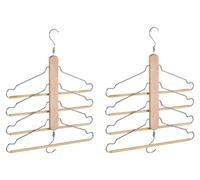 Perchas múltiples, juego de 6 unidades, diseño que ahorra espacio, 4 perchas con soporte para pantalones, madera de lotus y metal, perchas multifunción, color natural/plateado