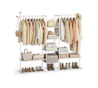 SONGMICS HOME Perchero, Armario Abierto, 6 Estantes de Almacenaje, 2 Barras, Ganchos de Fósforo, Armario de Dormitorio, Beige Natural y Blanco Mate RGR012K01