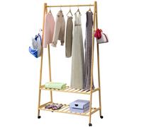CASARIA® Perchero de Pie Ruedas 2 Estantes Burro Ropa Robusto 4 Ganchos Madera Bambú 155x70cm Dormitorio Pasillo Organizador Colgador Moderno Natural