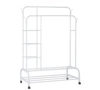 Perchero burro doble con estructura de metal resistente, estantes laterales, zapatero inferior y ruedas giratorias | Organizador móvil ideal para ropa, zapatos y accesorios en dormitorio o vestidor