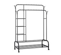 Perchero burro doble con estructura de metal resistente, estantes laterales, zapatero inferior y ruedas giratorias | Organizador móvil ideal para ropa, zapatos en dormitorio o vestidor (Negro)
