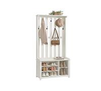 VASAGLE Perchero, Banco Zapatero, Armario Perchero con Estante, 7 Ganchos Dobles para Chaquetas, Sombreros, Pasillo, Dormitorio, Salón, 35 x 81 x 180 cm, Blanco Rústico HSR414W01