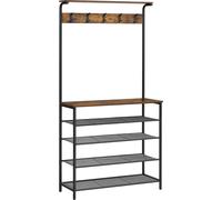 Perchero con estante para zapatos - Mueble de pasillo de 5 niveles - Estilo industrial - Acero y aglomerado - Color y marrón