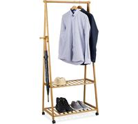 Perchero con ruedas de Relaxdays, de bambú, con 2 estantes para zapatos, barra para colgar ropa, dimensiones: 166 x 84 x 45 cm, armario rodante, color natural