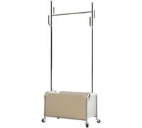 Perchero con ruedas. Perchero independiente de metal con ruedas, que incluye un cesto de almacenamiento de cuero y ganchos con forma de cactus. Moderno perchero para colgar ropa. Barra para colgar