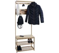Perchero de bambú HWC-N82, estructura para guardar ropa con estante para zapatos, banco y zapatero, con ganchos para ropa, certificado , dimensiones: 170x70x31 cm