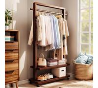 Perchero de madera maciza, perchero de bambú, perchero portátil con estante de almacenamiento y ruedas para colgar ropa, zapatos y ropa, adecuado para entrada, dormitorio, sala de estar Walnut,85