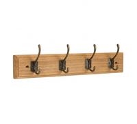 Perchero de Pared de Madera Rústica con 4 Ganchos Metálicos 70x8.5x1.5 cm