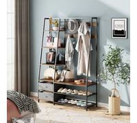 Perchero de pie con banco, armario con 6 estantes, 9 ganchos dobles, 2 cajoneras y estante para zapatos, ideal para pasillos, dormitorios, diseño industrial, 122 x 40 x 180 cm