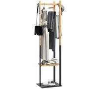 Perchero de Pie de Bambú con 2 Estantes 2 Ganchos 5 Barras con Estructura de Acero para Colgar Ropa Natural y Negro Negro