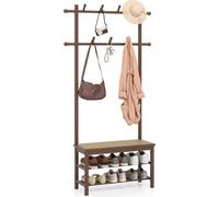 Perchero de pie de COSTWAY con banco para zapatos, estante para zapatos, 2 barras para colgar y 13 ganchos, perchero 3 en 1 con banco de bambú, 71 x 30 x 169,5 cm, color marrón