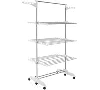Perchero de ropa tipo torre, plegable, de 14 cm de diámetro, con 5 niveles y 58 ganchos para perchas. Capacidad de hasta 40 kg. Estructura con 24 barras de acero inoxidable. Ideal para uso en interior