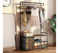 Perchero HOMCOM con 10 ganchos ajustables, barra para vestidos, zapatero, cajón, estructura metálica, diseño industrial, para sala de estar, color marrón rústico, altura 180 cm
