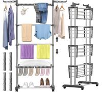 Perchero para ropa con 5 niveles, con altura ajustable y plegable, que incluye 8 alas plegables y 4 pinzas para calcetines, con ruedas y fabricado en acero inoxidable, apto para uso en interiores y ex
