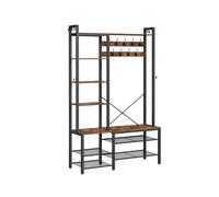 VASAGLE Perchero Recibidor con Banco Zapatero y 5 Estantes de Almacenaje, 9 Ganchos para Ropa y 6 Ganchos Laterales, 40 x 120 x 190 cm, Marrón Rústico y Negro Tinta HSR426B01