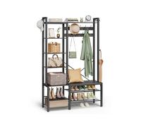 VASAGLE Perchero Recibidor con Banco Zapatero y 5 Estantes de Almacenaje, 9 Ganchos para Ropa y 6 Ganchos Laterales, 40 x 120 x 190 cm, Gris Piedra y Negro Tinta HSR426B04