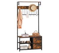 Perchero Relaxdays con banco, estante para zapatos y 2 cajones, diseño de metal y madera, dimensiones: 176x80x30 cm, color marrón