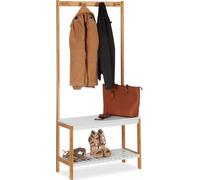 Perchero Relaxdays con estante para zapatos, 4 ganchos para ropa, con superficie de apoyo, bambú y MDF, dimensiones totales 150 x 70,5 x 30 cm, color natural-blanco