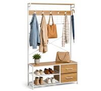Relaxdays Perchero con Banco Zapatero, Blanco Efecto Madera | 2 cajones y ganchos, para recibidor, 176x80x30 cm
