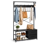 Relaxdays Perchero con Banco Zapatero Negro | 2 cajones y ganchos para recibidor