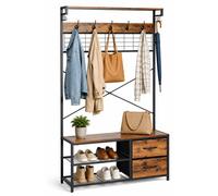 Relaxdays Perchero con Banco Zapatero, 2 cajones y Ganchos, marrón/Negro | para recibidor, industrial, 176x80x30 cm