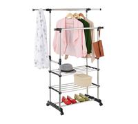 Perchero Relaxdays, móvil, Ajustable, Doble Barra y estantes, 86-147 cm de Altura, 84-141 cm de Ancho, Plateado/Negro