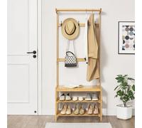 Perchero Tornio, soporte para ropa con 2 estantes y ganchos, de 168 x 70 x 35 cm, para guardar ropa en dormitorios, pasillos o salones, fabricado en bambú natural