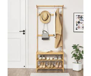 Perchero Tornio, soporte para ropa con 2 estantes y ganchos, de 168 x 70 x 35 cm, para guardar ropa en dormitorios, pasillos o salones, fabricado en bambú natural