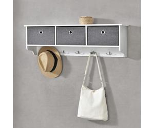 Perchero Wandmontable Horsens, 100x20x30 cm, con 3 cajas de almacenamiento, 5 ganchos y ganchos para abrigos. Capacidad máxima: 15 kg. Color: blanco/gris