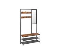 VASAGLE Perchero Zapatero, Perchero Recibidor con Ganchos, Espejo, Banco Zapatero y Estantes, 35 x 98 x 180 cm, Pasillo Dormitorio Salón, Industrial, Marrón Rústico y Negro Tinta HSR415B01