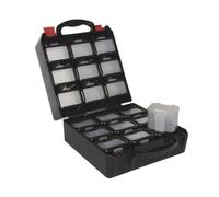 Perel Caja de surtido, 18 cajas extraíbles, tapas transparentes y clips para cinturón, maletín de plástico para piezas pequeñas, tornillos, tuercas, pernos, electrónica, taller
