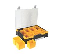 Perel Caja de surtido, maletín de almacenamiento de plástico con 12 cajas extraíbles, tapa transparente, apilable, asa y cierres de aluminio, para tornillos tuercas clavos y piezas pequeñas