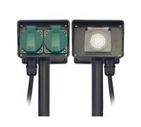 Perel Enchufe Exterior con Temporizador y pincho de Tierra, 2 Tomas Tipo F con Tapas, IP44 Resistente a Salpicaduras, Cable 1,5 m, Distribuidor de energía para jardín y Herramientas