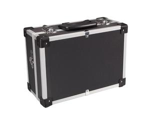Perel Maletín de herramientas de aluminio negro 320 x 230 x 155 mm con cerradura con llave (2 llaves) y correa de hombro, maletín rígido de transporte para herramientas, portátil y cámara